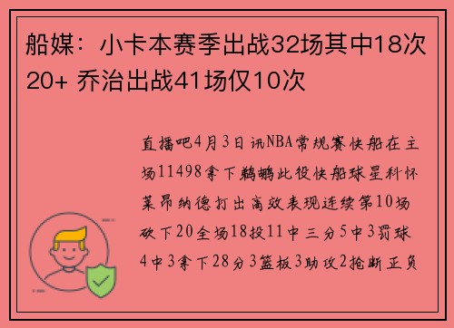 船媒：小卡本赛季出战32场其中18次20+ 乔治出战41场仅10次