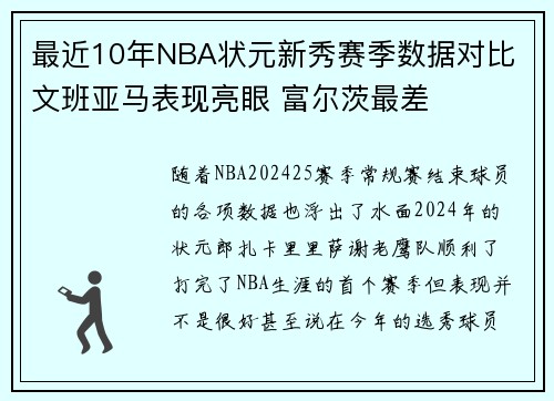 最近10年NBA状元新秀赛季数据对比 文班亚马表现亮眼 富尔茨最差